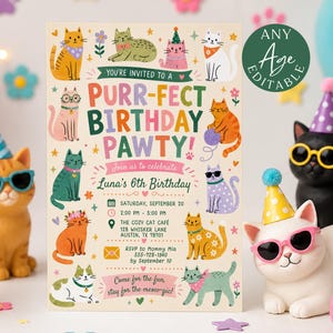 May include: A birthday invitation card featuring colorful illustrations of cats wearing party hats and sunglasses. The text reads: You're invited to a Purr-fect Birthday Pawty! Join us to celebrate Luna's 6th Birthday, Saturday, September 20, 2:00 PM - 5:00 PM, The Cozy Cat Café, 128 Whisker Lane, Austin, TX 78101.