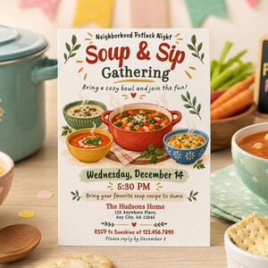 Puede incluir: Una tarjeta de invitación rectangular para una reunión Soup & Sip con ilustraciones de tazones de sopa y detalles de texto que incluyen fecha, hora y lugar. La tarjeta está rodeada por una olla turquesa, tazones y galletas.