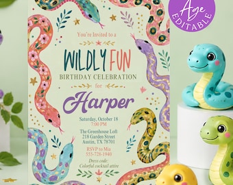 Wildly Fun Snake Birthday Invitation, Colorful Reptile Snake Theme Party Invite, Editable Canva Template for Kids Birthday Party 260760