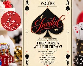 May include: A rectangular birthday invitation card designed like an ace of spades playing card with cream background, black spade symbol, and red text. It reads: YOU'RE INVITED, JOIN US TO CELEBRATE THEODORE'S 9TH BIRTHDAY, SATURDAY, SEPTEMBER 22ND, 3:00 PM - 4:00 PM.