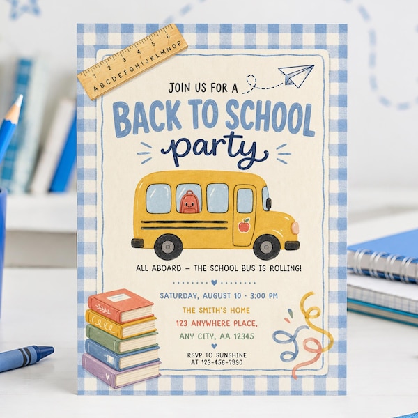 Back to School 2026 2027 Party Invitation, Cute School Bus Kids Celebrations Invite, End of Summer Send Off Editable Canva Template 260654