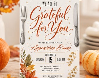 Employee Appreciation Dinner Invitation, Grateful for You Fall Event Invite, Elegant Autumn Editable Canva Template for Staff 260699