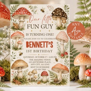 May include: A rectangular birthday invitation card featuring watercolor illustrations of various mushrooms, ferns, and bees. The text reads: Our little FUN GUY IS TURNING ONE! PLEASE JOIN US TO CELEBRATE BENNETT'S 1ST BIRTHDAY, SATURDAY, OCTOBER 17, 2:00 PM.
