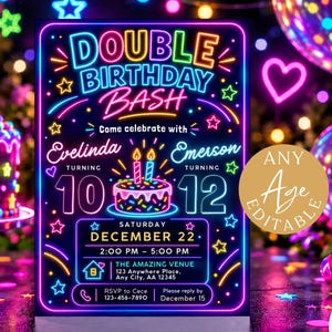 Może przedstawiać: Cyfrowe zaproszenie na urodziny w stylu neonowym z tekstem DOUBLE BIRTHDAY BASH, Evelinda kończy 10 lat, a Emerson 12 lat, 22 grudnia. Projekt zawiera kolorowe świecące gwiazdki, serca oraz ilustrację tortu.