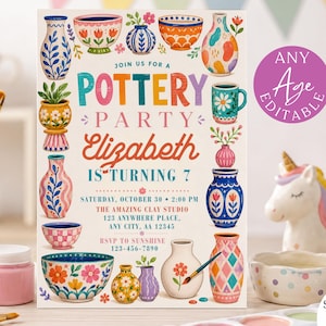 Uitnodiging voor een pottenbakfeestje, verjaardagskaart, kleurrijke uitnodiging voor een keramiekpot-schilderfeestje, bewerkbare Canva-sjabloon, digitale download 260633