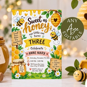 May include: A rectangular birthday invitation card featuring a bee theme with yellow, green, and white colours. The text reads Sweet as honey our little one turns THREE, Celebrate ANNE MARY, Saturday, December 12, 202x, 2:00 PM - 5:00 PM.