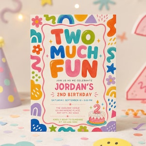 Puede incluir: Una tarjeta de invitación de cumpleaños rectangular con el texto TWO MUCH FUN, JORDAN'S 2ND BIRTHDAY y detalles del evento. El diseño incluye formas abstractas coloridas, flores y una ilustración de un pastel con una vela.