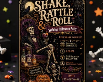 Inbjudan till Halloweenfest med Shake Rattle & Roll, skelett, Halloween-inbjudan, vintage, gotisk, svartguld, redigerbar Canvas-mall för vuxna 260995