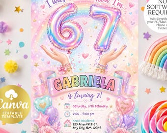 J'avais 6 ans maintenant j'ai 7 ans Invitation d'anniversaire 7e anniversaire fille inviter six sept fête à thème arc-en-ciel pastel sur toile Modèle modifiable à télécharger 260233