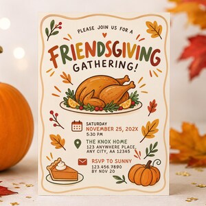 Friendsgiving Gathering Invitation, Autumnm Season Thanksgiving Dinner Party Invite, Cute Turkey Fall Potluck Editable Canva Template 261304