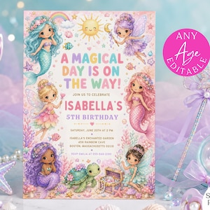 Könnte beinhalten: Eine rechteckige Geburtstagseinladungskarte mit bunten Illustrationen von Meerjungfrauen, Feen, einer Schildkröte und einer Schatztruhe. Der Text lautet A MAGICAL DAY IS ON THE WAY! JOIN US TO CELEBRATE ISABELLA'S 5TH BIRTHDAY, gefolgt von Veranstaltungsdetails.