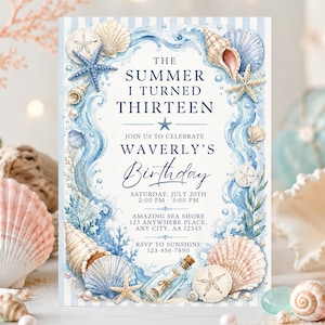 May include: A rectangular birthday invitation card featuring a watercolor border of blue waves, seashells, and starfish. The text reads: The Summer I Turned Thirteen, Join Us To Celebrate Waverly's Birthday, Saturday, July 20th, 2:00 PM - 5:00 PM.