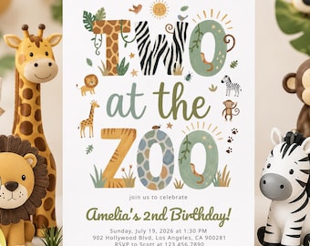 May include: A rectangular birthday invitation card featuring the text TWO at the ZOO and Amelia's 2nd Birthday. The design includes illustrations of a giraffe, lion, zebra, and monkey, with jungle-themed foliage and animal print patterns.