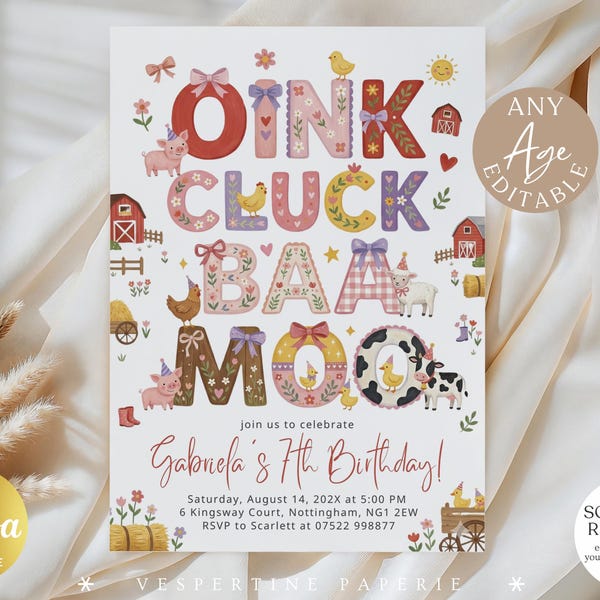 Bewerkbare boerenerf verjaardagsuitnodiging, boerderij dieren verjaardag thema feestuitnodiging, Oink Cluck Baa Moo digitale uitnodiging elke leeftijd Canva-sjabloon 260095