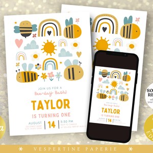 Bee Birthday Invitation  First Bday Beeday Bash 1st Honey Bee Evite Kids Party Any Age Party Celebration Editable Template CANVA 260002