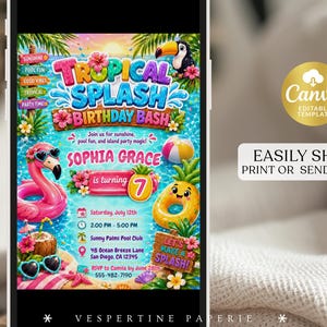 Pu&ograve; includere: Un modello di invito digitale per compleanno a tema piscina tropicale con un salvagente a forma di fenicottero rosa, un salvagente a forma di ananas, un tucano e fiori di ibisco. Il testo recita Tropical Splash Birthday Bash, Sophia Grace is turning 7, e include i dettagli dell'evento.