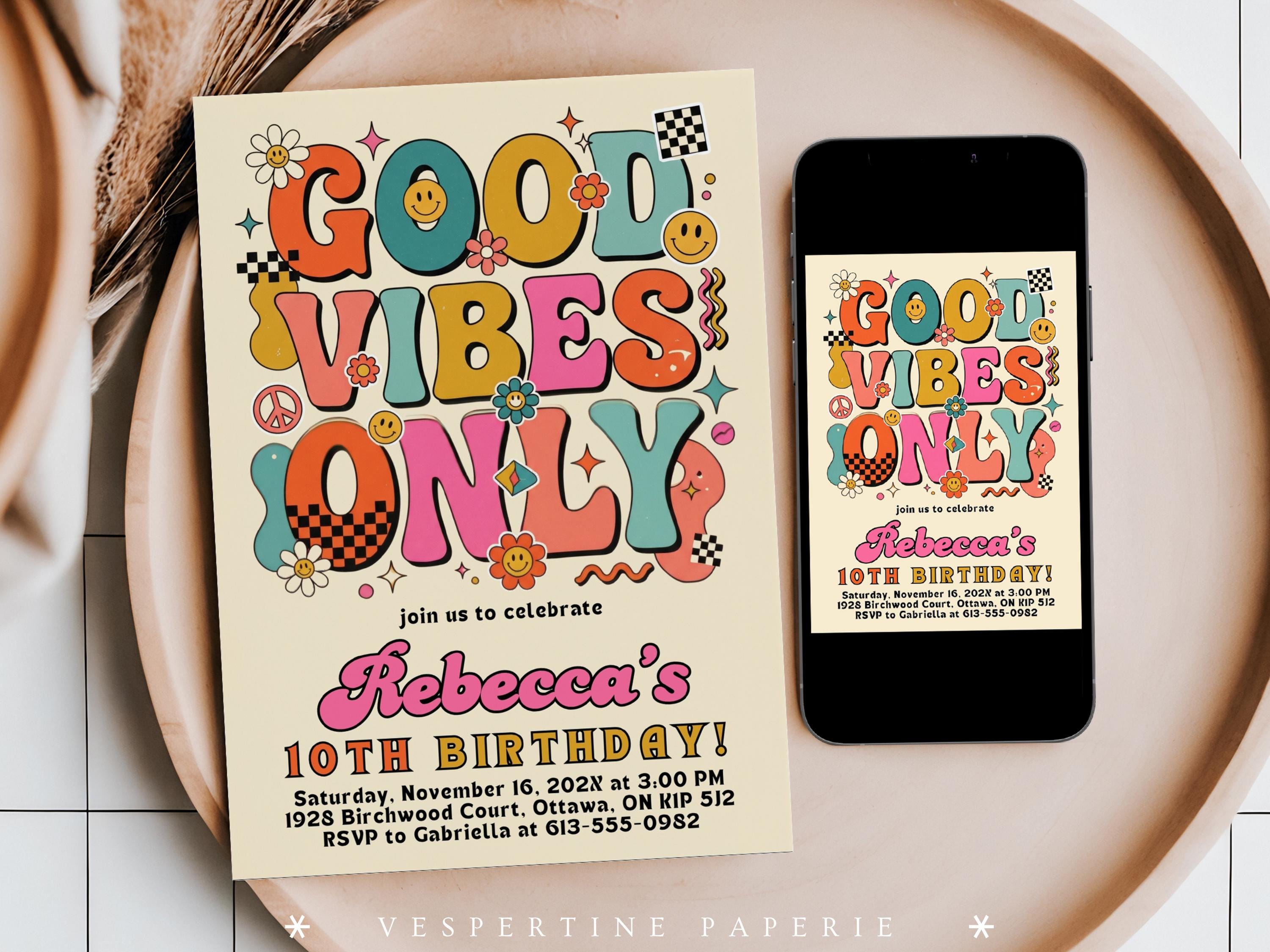 Good Vibes Only Birthday Invitation, Psychedelic Groovy Girl Theme ...