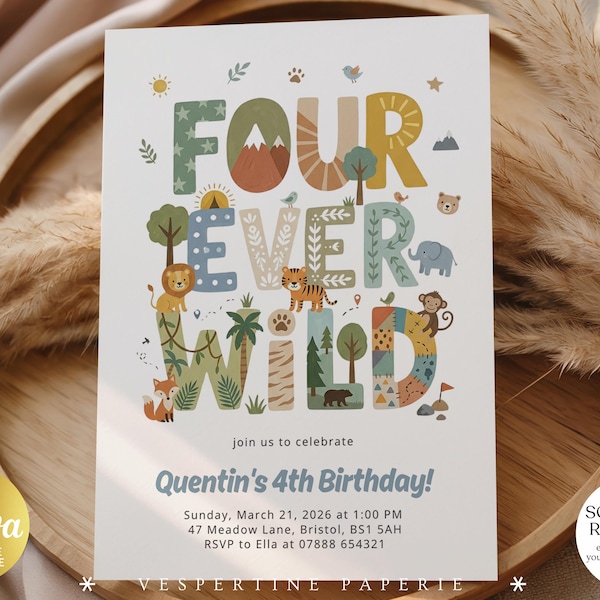 Four Ever Wild Birthday Invitation, 4th Wild Safari Theme Invite, Jungle Animal Party Canva Template, Editable Download 260109