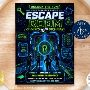 May include: An Escape Room themed birthday invitation with a neon design. The invitation features the text "Escape Room" in large letters, along with the birthday person's name and age. Includes event details and a "Canva Editable Template" logo.