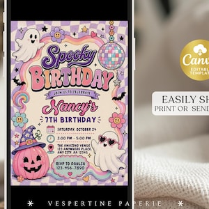 May include: A digital birthday invitation template featuring a purple and white checkered background with a ghost, a disco ball, a pink pumpkin wearing a witch hat, and flowers. The text reads Spooky Birthday, Nancy's 7th Birthday, Saturday October 24, 2:00 PM - 5:00 PM, The Amazing Venue, and RSVP to Dahlia 123-456-7890.