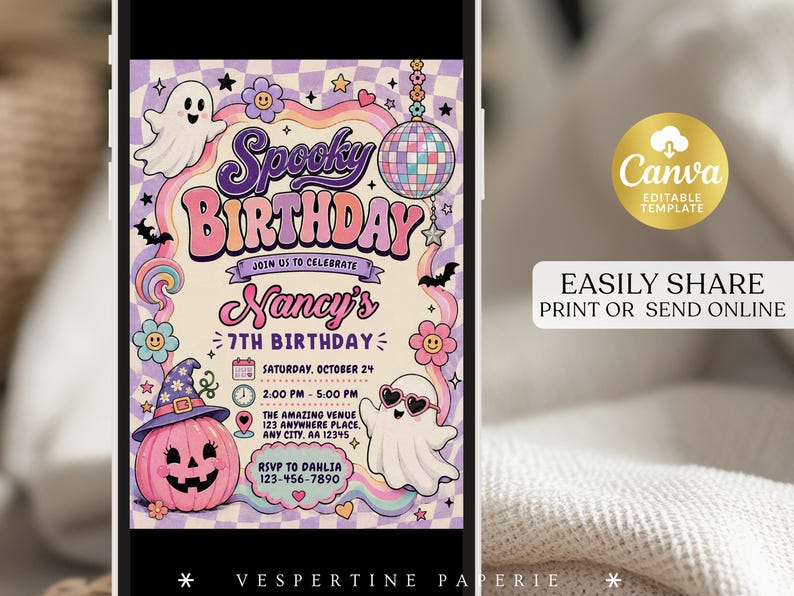 May include: A digital birthday invitation template featuring a purple and white checkered background with a ghost, a disco ball, a pink pumpkin wearing a witch hat, and flowers. The text reads Spooky Birthday, Nancy's 7th Birthday, Saturday October 24, 2:00 PM - 5:00 PM, The Amazing Venue, and RSVP to Dahlia 123-456-7890.