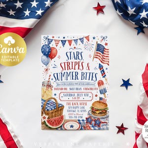 Peut inclure: Une carte d'invitation rectangulaire avec des illustrations &agrave; l'aquarelle d'un panier de pique-nique, d'une past&egrave;que, d'un burger et de feux d'artifice. Le texte indique : Stars, Stripes & Summer Bites, Join us for a festive 4th of July celebration, Backyard BBQ, Sweet Treats, Fireworks Fun, Saturday July 4th, 5:00 PM, The Knox House, 123 Happy Lane, Chicago, IL 12345, RSVP to Olivia at 555-731-2414.