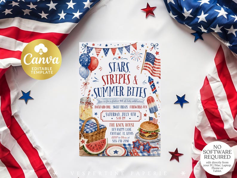 Peut inclure: Une carte d'invitation rectangulaire avec des illustrations &agrave; l'aquarelle d'un panier de pique-nique, d'une past&egrave;que, d'un burger et de feux d'artifice. Le texte indique : Stars, Stripes & Summer Bites, Join us for a festive 4th of July celebration, Backyard BBQ, Sweet Treats, Fireworks Fun, Saturday July 4th, 5:00 PM, The Knox House, 123 Happy Lane, Chicago, IL 12345, RSVP to Olivia at 555-731-2414.