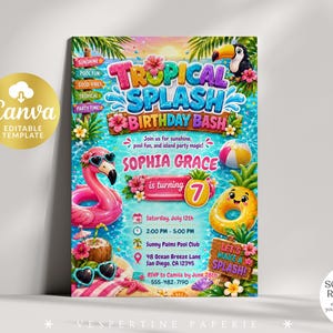 Pu&ograve; includere: Un modello di invito per una festa di compleanno a tema tropicale con un salvagente a forma di fenicottero rosa, uno a forma di ananas, un tucano, fiori di ibisco e foglie di palma. Il testo recita Tropical Splash Birthday Bash, Sophia Grace is turning 7, e include i dettagli dell'evento.