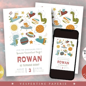 May include: A birthday invitation with a space theme, featuring dinosaurs in spaceships, planets, and stars. The invitation includes the name "Rowan", the age "Eight", and the date August 3rd. A smartphone displays the invitation.