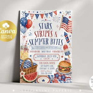 Peut inclure: Un mod&egrave;le d'invitation pour une f&ecirc;te du 4 juillet avec des illustrations &agrave; l'aquarelle d'un panier de pique-nique, d'un hamburger, d'une past&egrave;que et de ballons. Le texte indique Stars, Stripes & Summer Bites, Join us for a festive 4th of July celebration, avec des d&eacute;tails d'&eacute;v&eacute;nement.