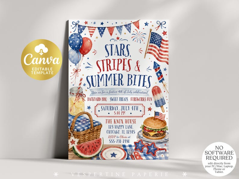 Peut inclure: Un mod&egrave;le d'invitation pour une f&ecirc;te du 4 juillet avec des illustrations &agrave; l'aquarelle d'un panier de pique-nique, d'un hamburger, d'une past&egrave;que et de ballons. Le texte indique Stars, Stripes & Summer Bites, Join us for a festive 4th of July celebration, avec des d&eacute;tails d'&eacute;v&eacute;nement.
