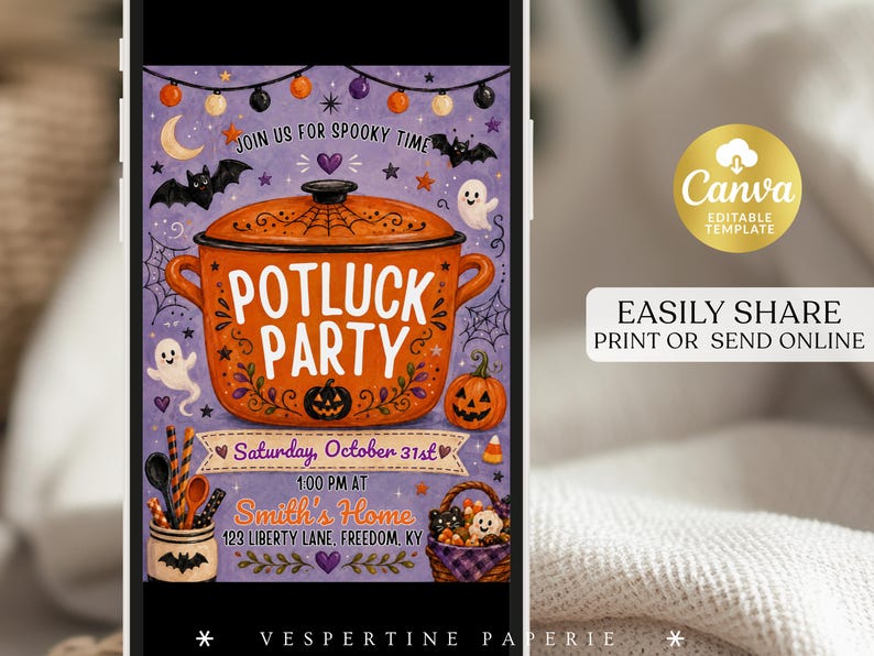 Halloween Potluck Party Invitation, Spooky Dinner Party Invite, Orange ...