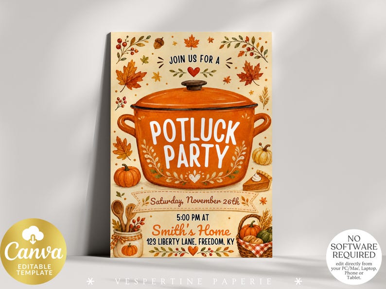 May include: A rectangular invitation card featuring a large orange Dutch oven with the text POTLUCK PARTY. The design includes autumn leaves, pumpkins, a pie slice, and a basket of produce. Text details include Saturday, November 26th, 5:00 PM at Smith's Home, 123 Liberty Lane, Freedom, KY.