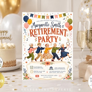 Puede incluir: Una tarjeta de invitación para una fiesta de jubilación con el texto Margarette Smith's RETIREMENT PARTY, YOU ARE INVITED TO CELEBRATE y detalles del evento. El diseño incluye globos coloridos, banderines y una ilustración de cinco personas mayores bailando.