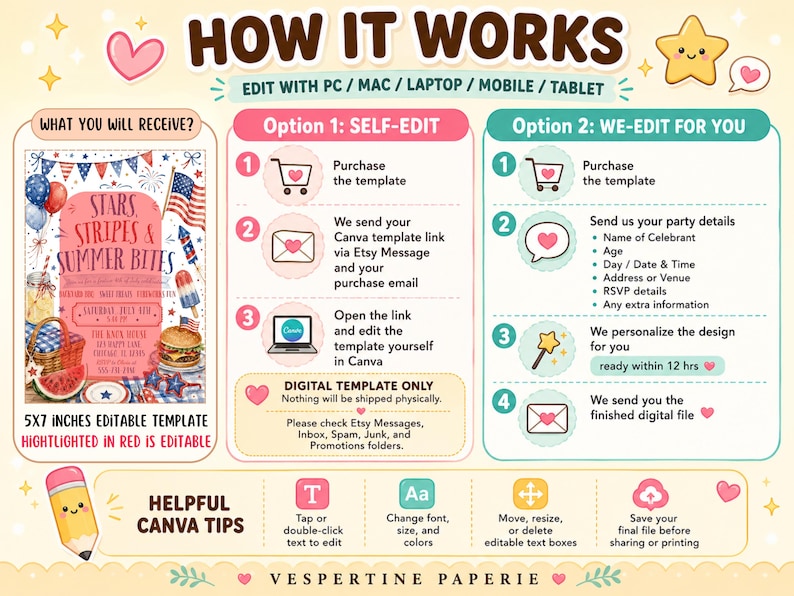 Peut inclure: Un graphique explicatif intitul&eacute; HOW IT WORKS pour un mod&egrave;le de f&ecirc;te num&eacute;rique modifiable de 5x7 pouces. Il pr&eacute;sente deux options : l'auto-&eacute;dition via Canva ou l'&eacute;dition par le vendeur. Inclut des ic&ocirc;nes, des &eacute;tapes et des conseils Canva.