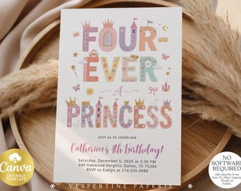 Modèle de carte d'invitation d'anniversaire de princesse Four Ever a, 4ème invitation élégante sur le thème du château royal, modèle de toile de fête entre filles, téléchargement modifiable 260108