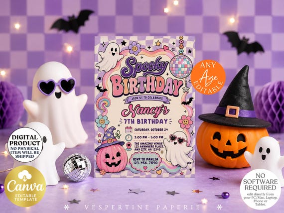 Spooky Birthday Invitation, Pastel Halloween Ghost Party Invite, Pink Purple Disco Editable Canva Template for Girls and Kids 260811