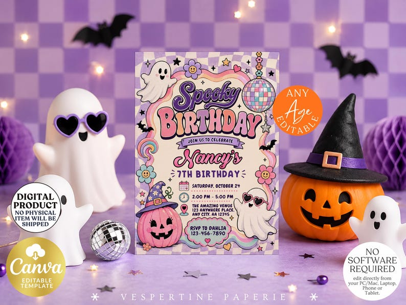 May include: A rectangular birthday invitation card featuring a retro-style design with ghosts, a disco ball, a pink pumpkin, and flowers. The text reads Spooky Birthday, Nancy's 7th Birthday, Saturday, October 24, 2:00 PM - 5:00 PM, and RSVP to Dahlia.