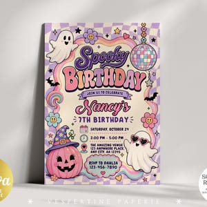 May include: A rectangular birthday invitation card featuring a checkered background with a ghost, a disco ball, a pumpkin wearing a witch hat, and a ghost wearing heart-shaped sunglasses. The text reads Spooky Birthday, Nancy's 7th Birthday.