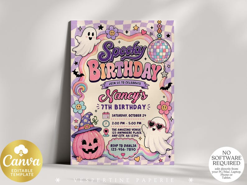 May include: A rectangular birthday invitation card featuring a checkered background with a ghost, a disco ball, a pumpkin wearing a witch hat, and a ghost wearing heart-shaped sunglasses. The text reads Spooky Birthday, Nancy's 7th Birthday.
