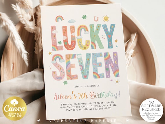 Lucky Seven Birthday Invitation, 7th Birthday Invite, Rainbow Girl Theme Party Canva Template, Editable Download 260118