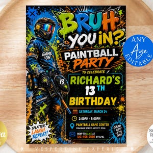Puede incluir: Invitación a una fiesta de paintball con un diseño colorido. La invitación presenta una ilustración de un jugador de paintball y el texto "Bruh You In? Paintball Party" para celebrar el 13 cumpleaños de Richard. Incluye detalles del evento y plantilla editable de Canva.