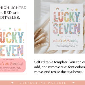 May include: A white invitation card with the words "LUCKY SEVEN" in colorful, whimsical letters. The card includes the text "Aileen's 7th Birthday!" and event details. The design features rainbows, stars, and other decorative elements.