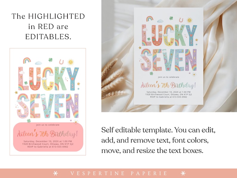 May include: A white invitation card with the words "LUCKY SEVEN" in colorful, whimsical letters. The card includes the text "Aileen's 7th Birthday!" and event details. The design features rainbows, stars, and other decorative elements.
