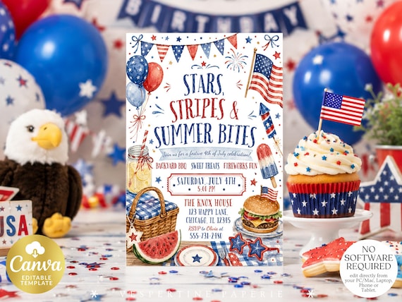 Stars Stripes and Summer Bites Invitation 4th of July BBQ Party Invite Patriotic Cookout July Fourth Canva Template Editable Download 260261