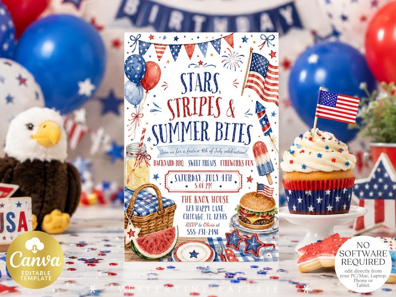 Peut inclure: Une carte d'invitation pour une f&ecirc;te du 4 juillet avec des illustrations &agrave; l'aquarelle d'un drapeau am&eacute;ricain, un panier de pique-nique, un burger, un cupcake et de la past&egrave;que. Le texte indique : Stars, Stripes & Summer Bites, Join us for a festive 4th of July celebration!