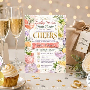 Puede incluir: Una tarjeta de invitación para una fiesta de jubilación con ilustraciones en acuarela de cócteles, flores y vegetación. El texto dice Goodbye Tension, Hello Pension, Cheers, Jordan Parker's Retirement Party, Sunday, Nov 12th, at 5:00 PM, The Clubster Park y RSVP by Nov 3rd.