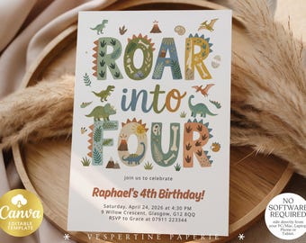 Faire-part d'anniversaire Roar Into Four, Dinosaure 4e anniversaire, modèle de toile pour fête à thème garçon Dino, fête Rawr, éditable 260135