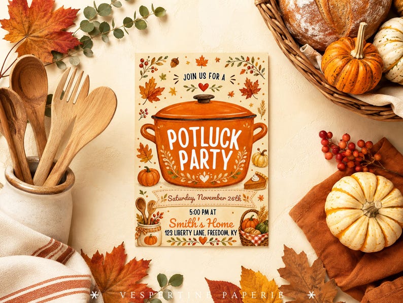 May include: A rectangular invitation card featuring a large orange pot with the text POTLUCK PARTY. The design includes autumn leaves, pumpkins, and berries. Details include Saturday, November 26th, 5:00 PM at Smith's Home, 123 Liberty Lane, Freedom, KY.