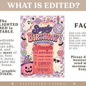 May include: A digital birthday invitation template featuring a retro checkerboard background, a disco ball, ghosts, and a pink pumpkin. The text reads Spooky Birthday, Nancy's 7th Birthday, Saturday, October 24, 2:00 PM - 5:00 PM, The Amazing Venue, 123 Anywhere Place, Any City, AA 12345, and RSVP to Dahlia 123-456-7890.
